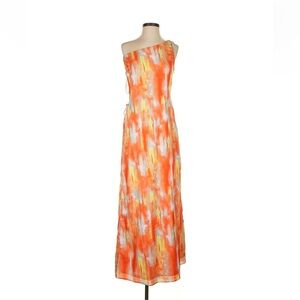 One-Shoulder Orange Watercolor Maxi Dress